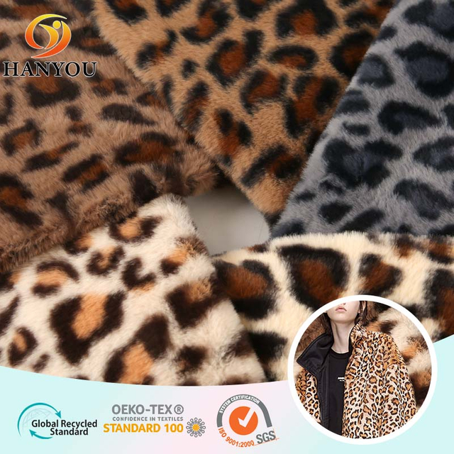 Hanyo leopardtrykk wrap strikk plysj stoff fuskepels for kl&aelig;r