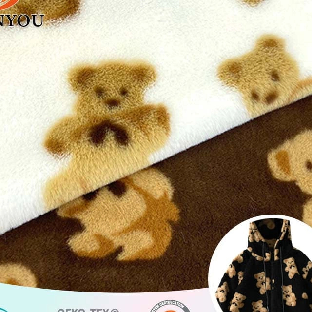 Hanyo lindo oso estampado impreso para peleos de piel sintética para abrigo